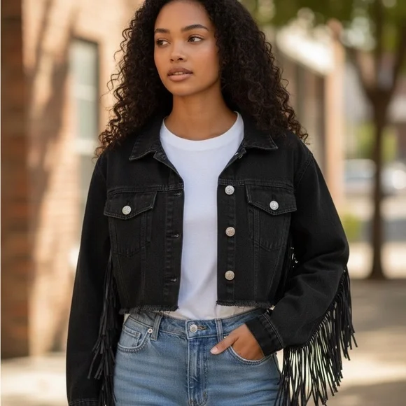 Vintage Y2K black Fringe Denim Jacket new without tags - Picture 9 of 11